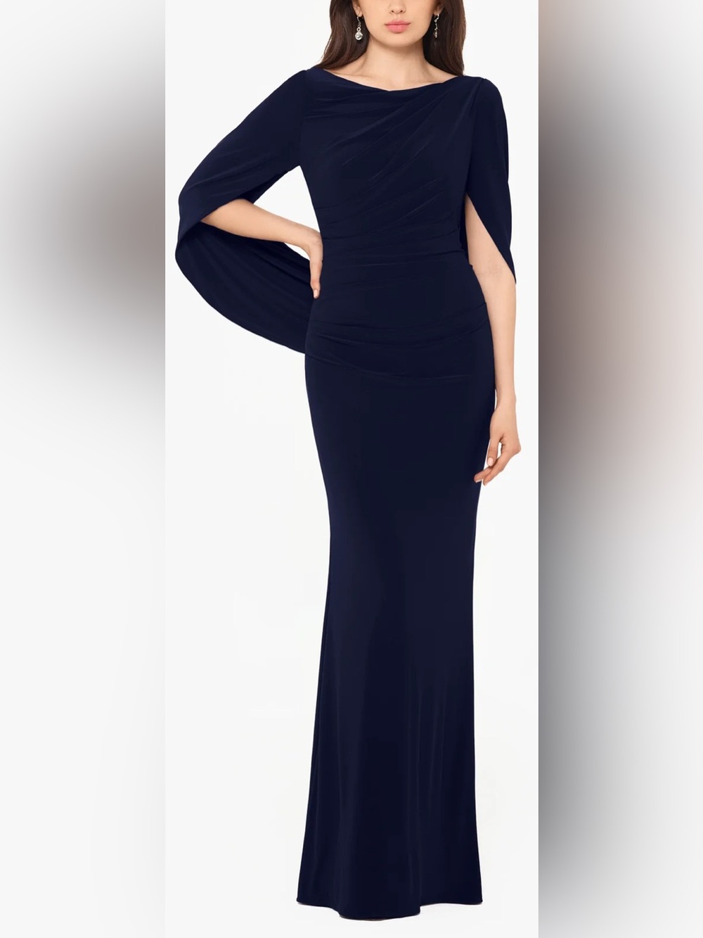 Betsy & Adam Navy Blue Shoulder Cape Sleeve Maxi Dress
